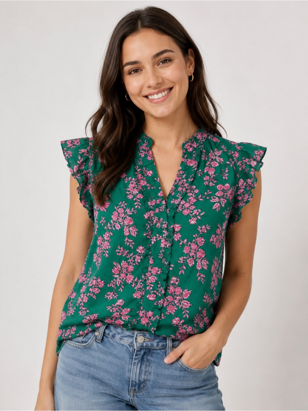 J.Crew Sleeveless ruffle top floral button up cotton medium